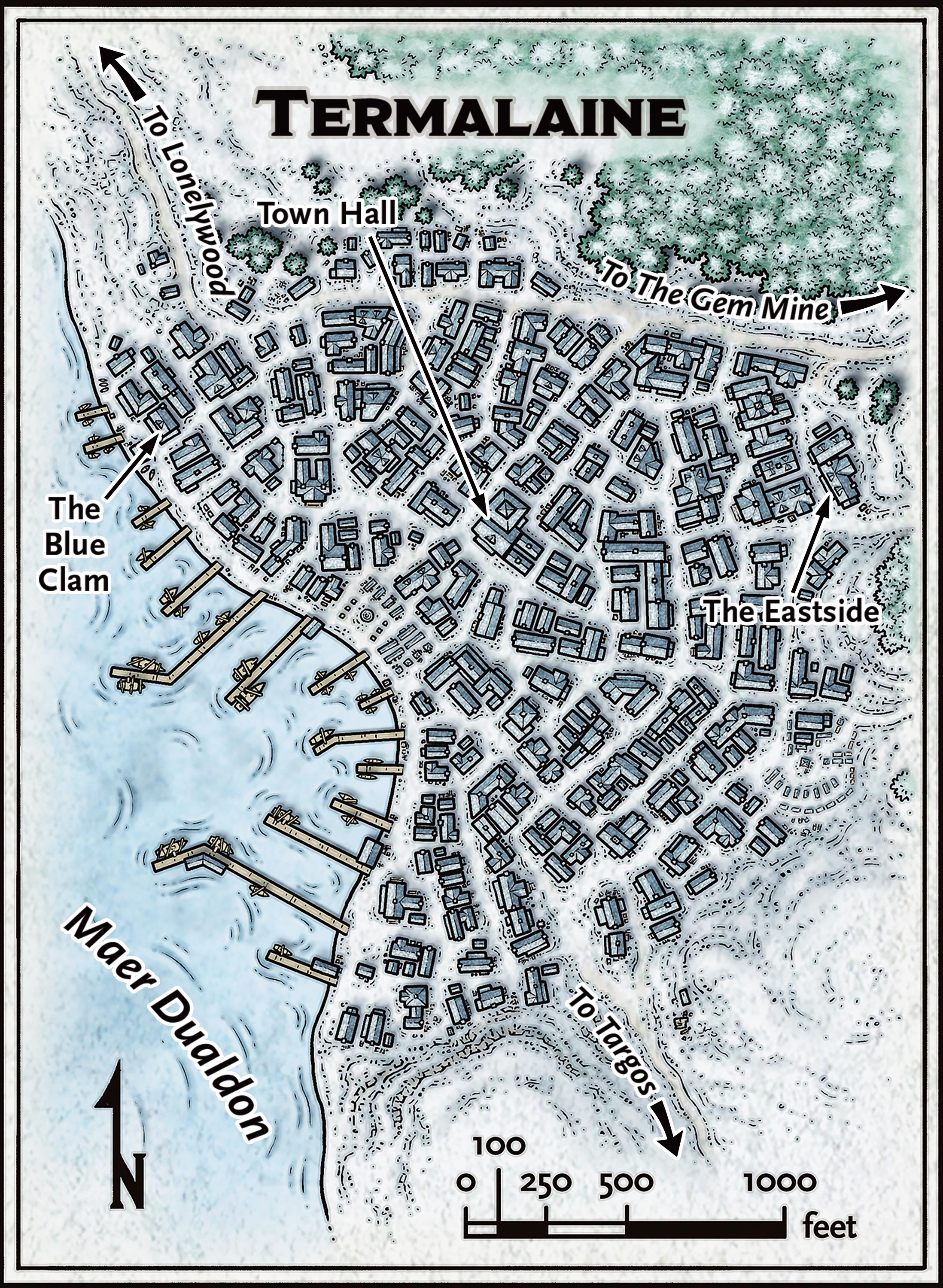 Map of Termalaine settlement showing town layout, streets, and notable buildings